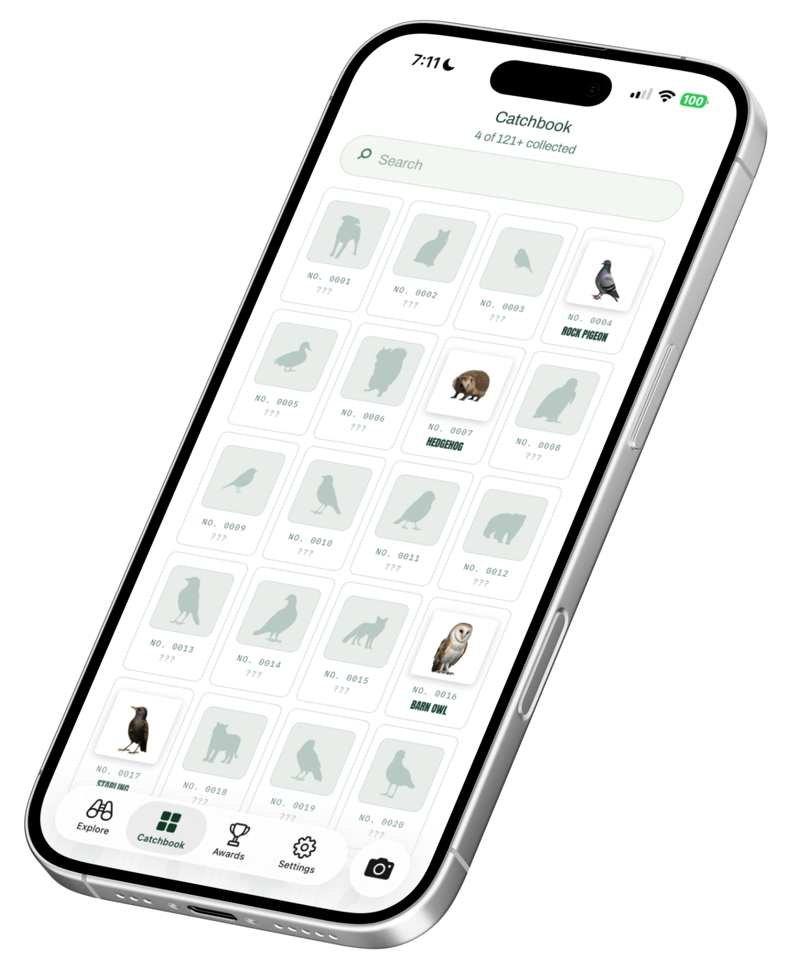 iPhone showing the Catchbook collection: unlocked species and locked slots in a Pokédex-style grid